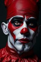 Terrifying Halloween Clown, Portrait of a Sinister Red-Suited Jester, AI Generated photo