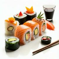 Sushi deleite en blanco fondo, ai generado foto