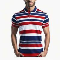 Polo Shirt Red Striped Blue Short Sleeve for Men Passport Photo on White Background, AI Generated