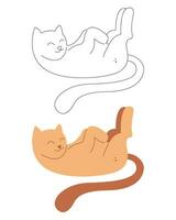 A small set with a happy cat lying on its back. Black and white and color clipart vector illustration.