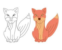 A small set with foxes. Black and white and color clipart vector illustration.