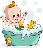 Cute happy smiling baby taking a bath playing with foam bubbles. Vector illustration in flat cartoon style.