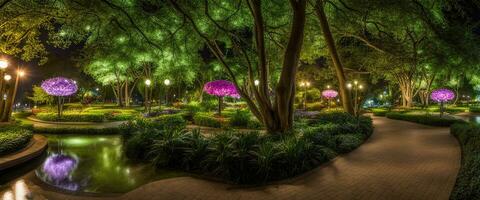 Horizontal anamorphic display night garden park environment photorealistic for background created with ai generative photo