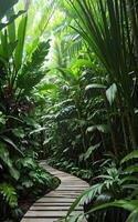 pathway in the jungle environment by green foliage of plants. photo