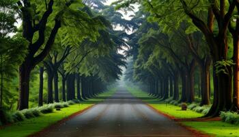 un la carretera en el verde bosque brumoso Mañana arboles para antecedentes creado con ai generativo foto