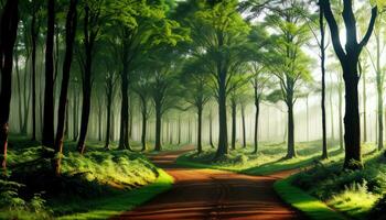 suciedad la carretera en el verde bosque brumoso Mañana arboles para antecedentes creado con ai generativo foto