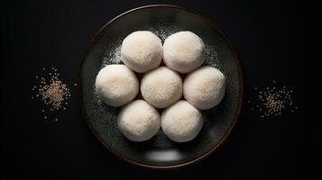 Generative AI, mochi on the dark table background, Traditional Japanese dessert, top view, flat lay photo