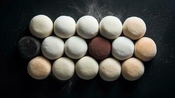 generativo ai, mochi en el oscuro mesa fondo, tradicional japonés postre, parte superior vista, plano laico foto