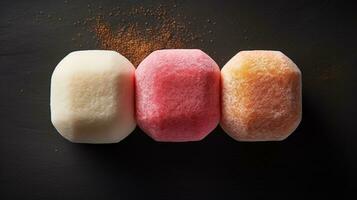 Generative AI, mochi on the dark table background, Traditional Japanese dessert, top view, flat lay photo
