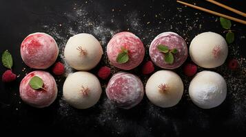generativo ai, mochi en el oscuro mesa fondo, tradicional japonés postre, parte superior vista, plano laico foto