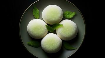 Generative AI, mochi on the dark table background, Traditional Japanese dessert, top view, flat lay photo