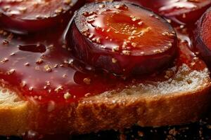 Plum toast, macro shot of a fresh breakfast with Dripping Honey, AI Generated photo