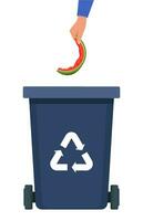 Hand throws watermelon rind into the black Bin with recycling symbol for organic waste. Garbage sorting. Vector illustration for zero waste, environment protection concept.