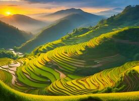 Beautiful rice terraces. Surrounded by mountains and sunset. ai generated photo