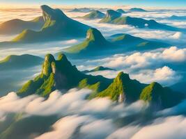 hermosa natural paisaje. niebla flotante encima el montañas. ai generado foto