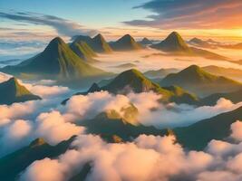 hermosa natural paisaje. niebla flotante encima el montañas. ai generado foto