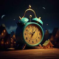 Alarm clock on a wooden background. 3D illustration. Vintage style. Close-up clock on a blurred background. AI generated. photo