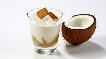 Cold coffee with coconut milk. Coconut milk in a glass with ice cubes on a white background. AI generated. photo