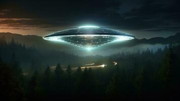 Futuristic alien spaceship flying over the forest. AI generated. photo