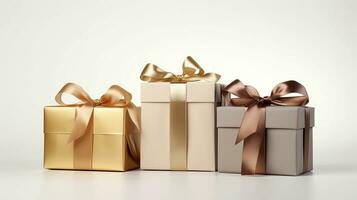 Gifts. White, gold and gray gift box on a white background. AI generated. photo