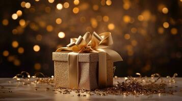 regalo caja con dorado arco en bokeh luces antecedentes. ai generado. foto