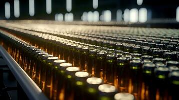 Glass bottles. Conveyor belt with bottles at a beer bottling plant. Beverage packaging shop. Bottles on the conveyor. Blurred background. AI generated. photo