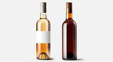 Two wine bottles with blank white label and without label, on white , mock up. Template for advertising, branding identity. MOCK UP. AI generated. photo
