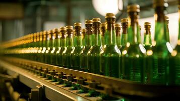 Glass bottles on a conveyor belt in a factory. Beer packaging line. AI generated. photo