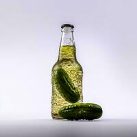 Beer from cucumber on a white background. Light drink in a glass bottle. AI generated. photo