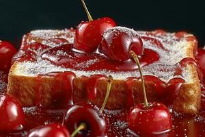 cherry toast, macro shot of a fresh breakfast with Dripping Honey, AI Generated photo