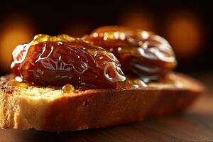 Saudi Arab Dates toast, macro shot of a fresh breakfast with Dripping Honey, AI Generated photo