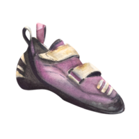 escalada pedregulho preto-roxo com vermelho elementos sapatos pedra, parede escalada equipamento. aguarela ilustração mão empate. para seu Projeto do brochuras, adesivos, impressões logotipo png