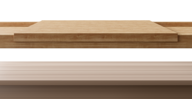Two wooden table, desk surfaces isolated on transparent background. Front view. Tabletop, set. Cut out elements. Copy space for your object, product presentation. Display, promotion, advertising. 3D. png