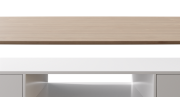 Two white and wooden table surfaces isolated on transparent background. Front view. Tabletop, set. Cut out elements. Copy space for your object, product presentation. Display, promotion. 3D png