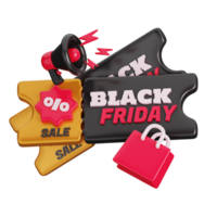 Black Friday discount coupon with megaphone and bag isolated. Black Friday Shopping Concept. 3D render illustration. png