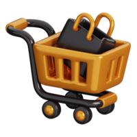 compras carrinho com saco isolado. Preto Sexta-feira compras conceito. 3d render ilustração. png