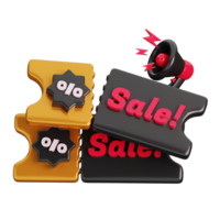 Sale gift voucher, discount coupon with megaphone isolated. Black Friday Shopping Concept. 3D render illustration. png