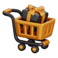 boodschappen doen trolley met geschenk doos geïsoleerd. zwart vrijdag boodschappen doen concept. 3d geven illustratie. png