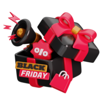 Open gift box with megaphone and shopping bag isolated. Black Friday Shopping Concept. 3D render illustration. png