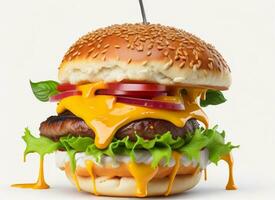 Delicious Burger with Tasty Ingredients and Cheesy Splash Sauce on White Background, AI Generated photo