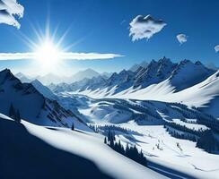 Winter Wonderland, Majestic Mountains under a Blue Sky, AI Generated photo