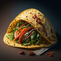 Tacos with Savory Meat and Colorful Vegetables, Authentic Mexican Cuisine on a Black Background, AI Generated photo