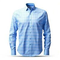 Formal Men's Sky Blue Check Shirt on White Background - Classic and Sophisticated Attire, AI Generated photo