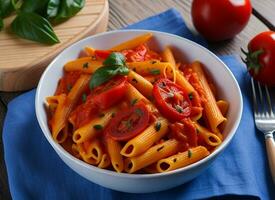 Penne Pasta with Tomato Sauce, Chicken, and Tomatoes on Wooden Table, AI Generated photo