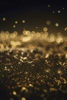 Golden Glitter Lights on Dark Background, Abstract Sparkle Particle Bokeh, AI Generated photo