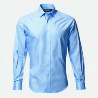 Formal Men's Sky Blue Check Shirt on White Background - Classic and Sophisticated Attire, AI Generated photo