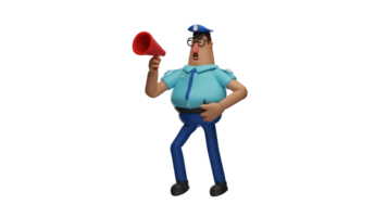 3D illustration. Police leader 3D cartoon character. The police is giving directions using a megaphone. The police provide directions for the tasks that must be carried out next. 3D cartoon character png