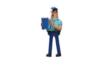 3D illustration. Conscientious Police 3D cartoon character. The police looked serious and paid attention to the writing in the book. The police is carrying out his duties well. 3D cartoon character png