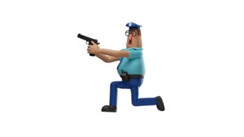 3d illustration. génial police 3d dessin animé personnage. police avec une pose agenouillé vers le bas et direct le pistolet avant. Beau policier préparé à entourer le criminel il a été chasse. 3d dessin animé personnage png