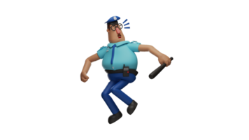 3D Illustration. Tired Police 3D cartoon character. Police with strange poses. The police carried a stick and showed his shocked expression. 3D cartoon character png